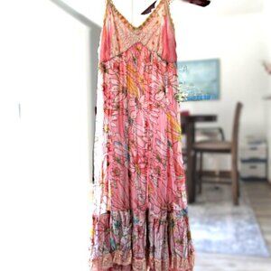 KATHERINE COLE VINTAGE BEADED LONG CROCHET DRESS WITH LACE HEM (L)